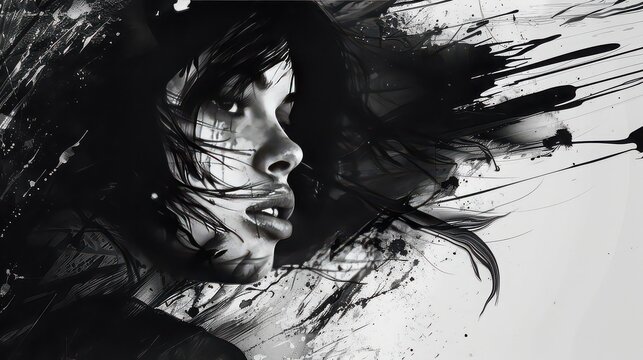 High-contrast black ink smudges with grunge texture on white paper background