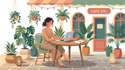 Fototapeta premium Woman working on laptop at outdoor CAFE SOL with plants and natural light