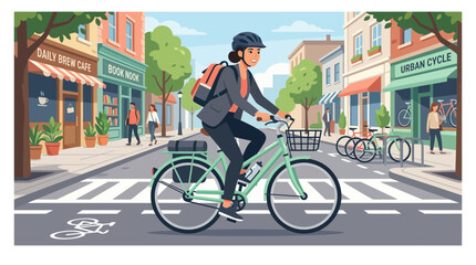 Obraz premium Cyclist navigating urban street scene with pedestrians and buildings nearby illustration
