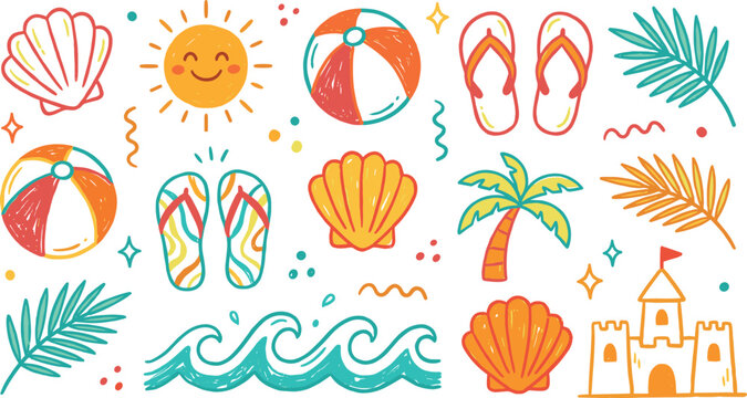 Summer Illustration Featuring Beach and Vacation Scenes in Vector Artwork