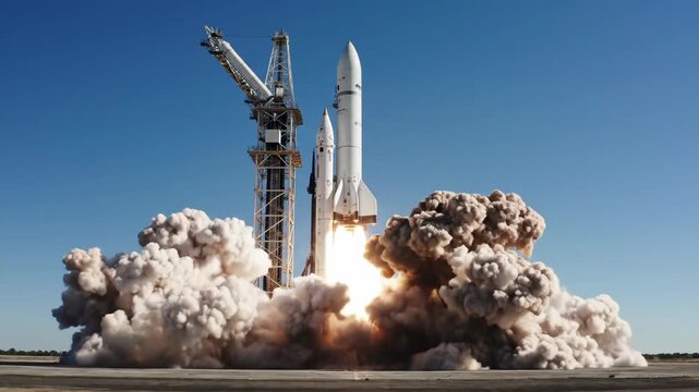 Rocket launch sequence showing powerful ignition, smoke billowing from engines, and ascent against a clear blue sky with launch pad structure visible in the background