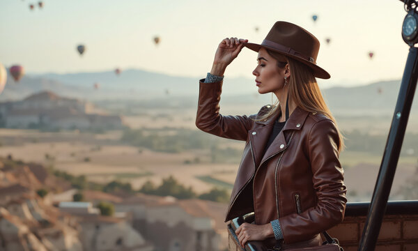 Hot air balloon woman traveler in leather jacket and hat enjoying scenic sunrise flight over Cappadocia Turkey