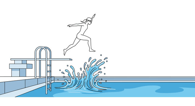 Energetic illustration of a person in goggles jumping from a high diving board into a swimming pool with a large blue water splash effect.