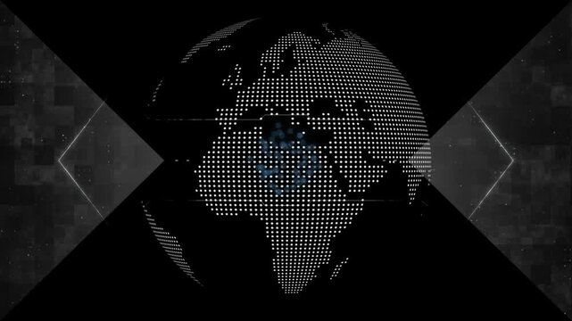 Glowing blue dots forming a network around the world on a black background with futuristic design elements and connections