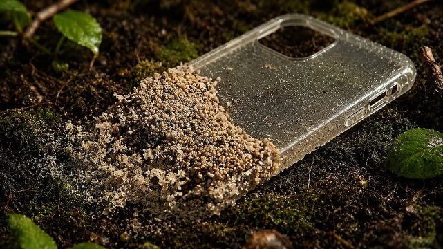 Next generation clear biodegradable phone case half buried forest soil with moss and sand creating organic texture and hopeful ecology promoting eco