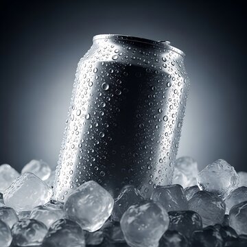 Condensation-covered cold drink can on ice with water droplets in dark moody lighting. lata refresco