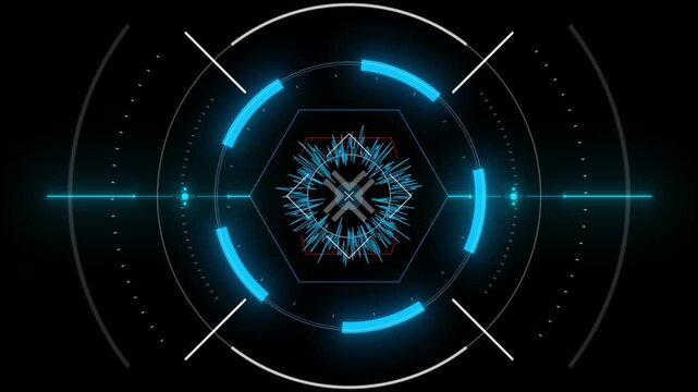 Glowing blue and white neon light design on a black background with futuristic hexagonal pattern and radial lines