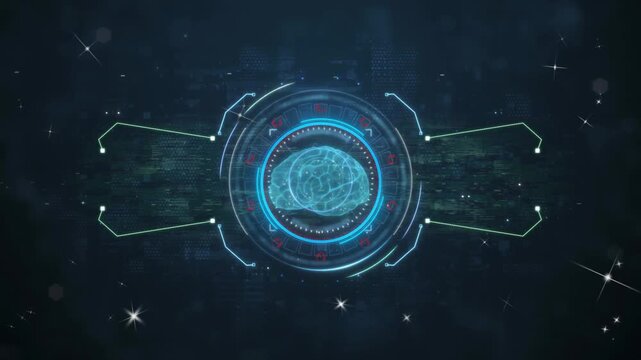 Futuristic brain interface with glowing blue circuits and neon lights on a dark background with abstract technology elements