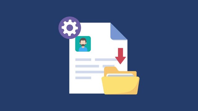 Document with user profile, File organization and secure downloading, Download arrows and folders 2d Animation with Alpha Matte