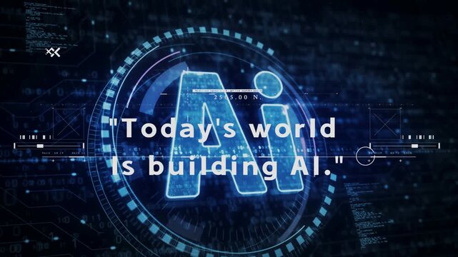 A futuristic digital illustration with a large blue ai logo and the phrase todays world is building ai on a dark background with techno design elements