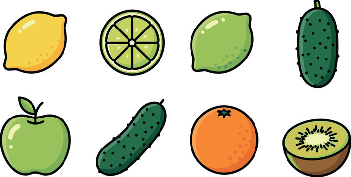 Fresh fruit and vegetable icon set with lemon lime apple cucumber orange kiwi flat vector illustration collection
