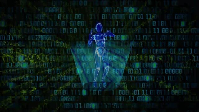 A futuristic digital illustration of a human figure composed of glowing blue binary code on a dark background with yellow graffiti and numeric patterns