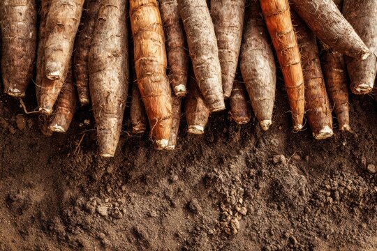 Freshly Harvested Cassava Roots on Soil
