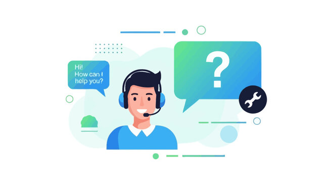 Customer support representative with headset providing technical assistance.