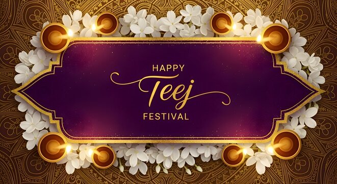 Happy Teej festival greeting card with floral border and glowing oil lamps