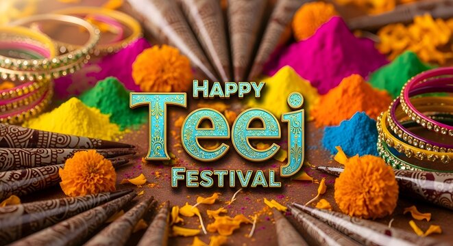 Happy Teej festival greeting with colorful powder, bangles, and flowers