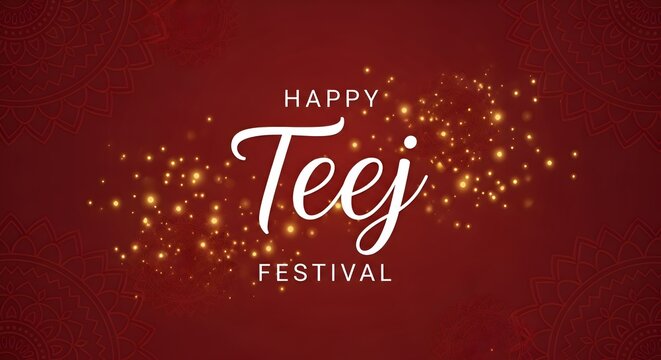 Happy Teej festival greeting card with golden sparkles and mandala art