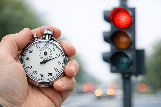 A person holds a stoplight in front of a real traffic light, conveying the message to pause or proceed with caution
