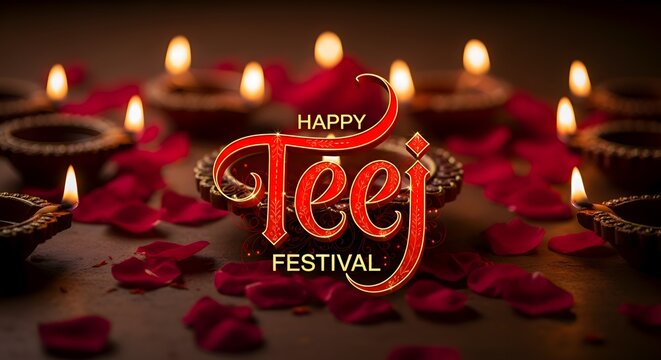Happy Teej Festival greeting with illuminated oil lamps and red petals