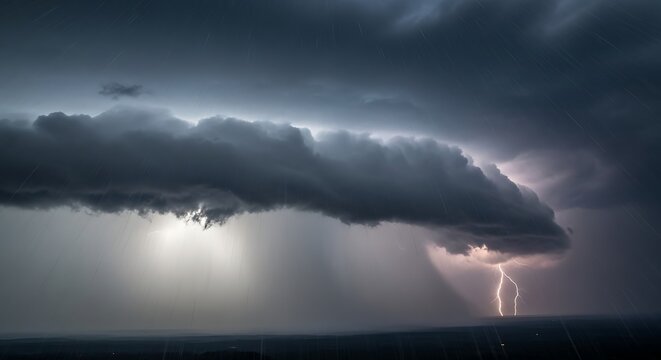Dramatic Thunderstorm with Lightning Strikes and Shelf Cloud Formation.