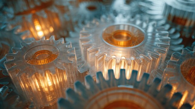 Glass Gears Interlocking With Warm Amber Light