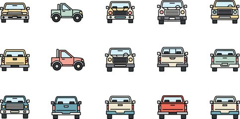 Front and Rear View Car Collection With Pickup Trucks, Vans, and Modern Vehicle Vector Illustration Set © MDNUR