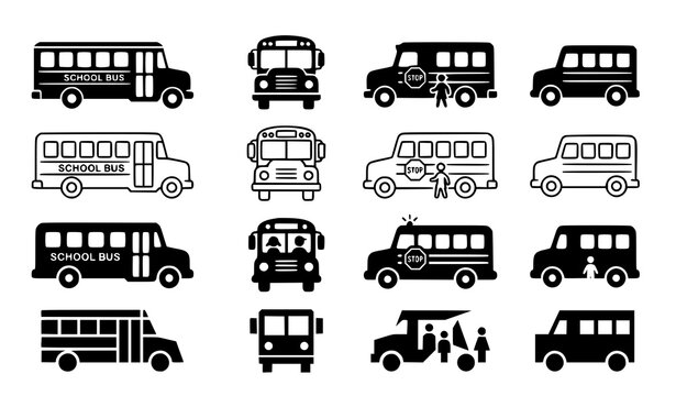 Minimal school bus vector icon pack with outline and silhouette style variations