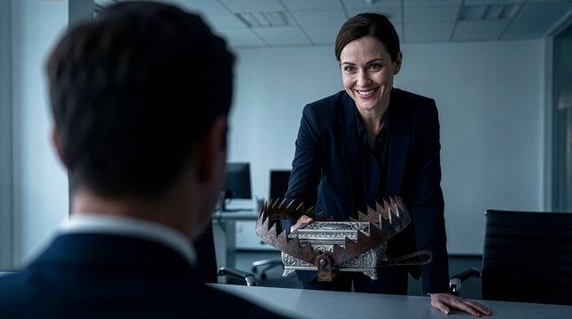 Smiling businesswoman offering a silver box inside a bear trap to a colleague in an office