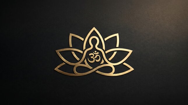 Golden lotus flower symbol with om on black background for meditation and yoga