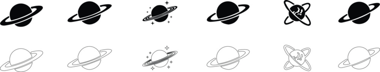 Saturn planet, ringed world and galaxy icon set collection group in flat and line style vector, space, cosmic, astronomy, orbit, universe symbols bundle © AbdulJabbar