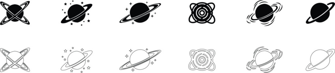 Saturn planet, ringed world and galaxy icon set collection group in flat and line style vector, space, cosmic, astronomy, orbit, universe symbols bundle © AbdulJabbar