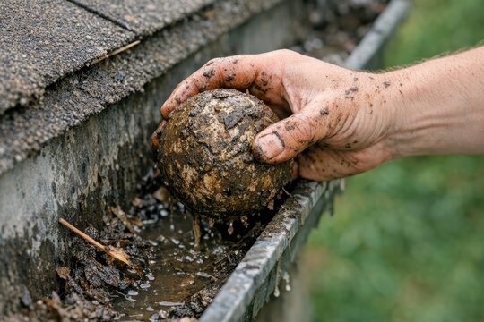 A person holds a ball of dirt in a gutter, suitable for use as an illustration or metaphor
