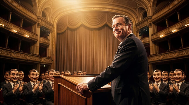 Charismatic leader speaking at a podium before an audience of identical clapping puppets