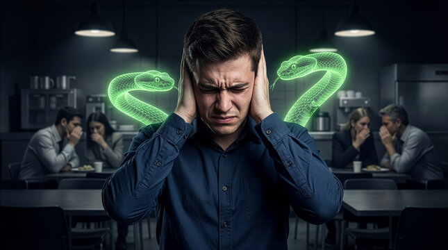 Stressed man covering his ears to ignore toxic gossip and rumors symbolized by glowing snakes