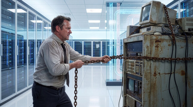Businessman pulling old rusted computer rack with chains in modern server room