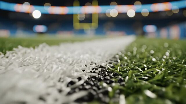 Close-up view of artificial turf field lines showing white and black markings, with blurred stadium lights and goalposts in the background creating a dynamic sports atmosphere
