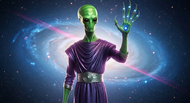 Green Alien Being with Glowing Hand in Space.
