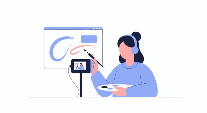 Digital artist recording a painting tutorial for online audience.