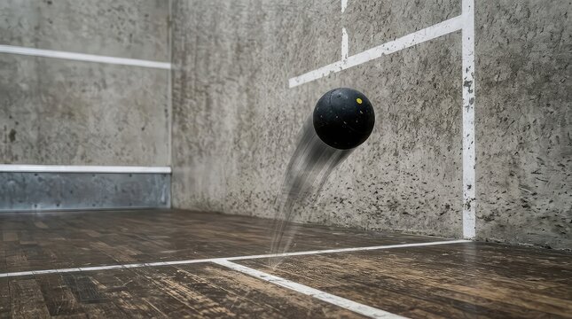 Black ball in motion on indoor squash court with markings
