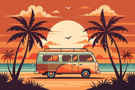 Retro van on tropical beach at sunset with surf van, camper van