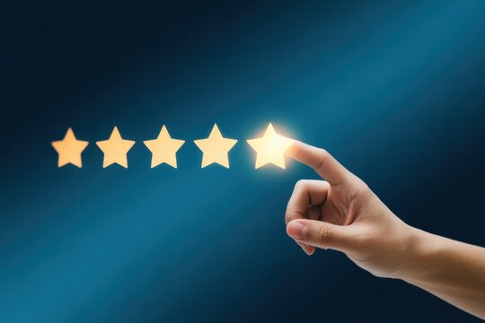 Hand pointing to a star rating on a blue background