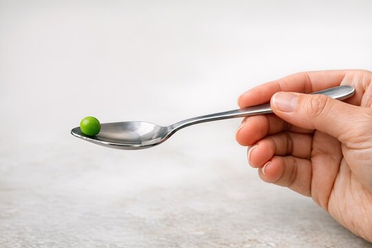 A person holds a spoon with a single green pea on it, perfect for illustration or photography needs