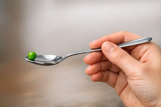 A person holds a spoon with a green pea ready to be eaten, simple everyday moment