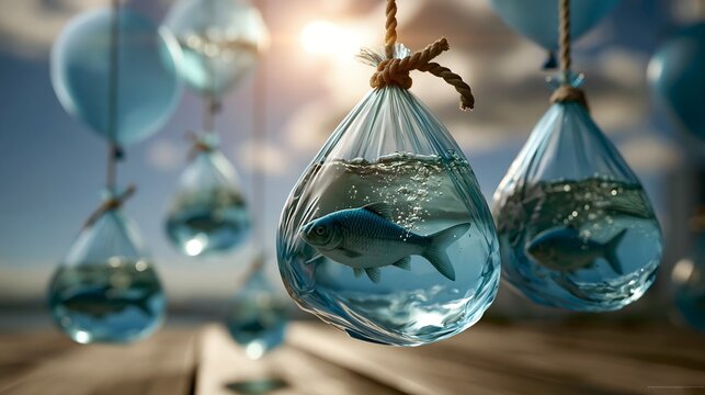 Wassertropfen mit kleinen Fischen als Symbol f&uuml;r Wasserknappheit und Umweltbewusstsein