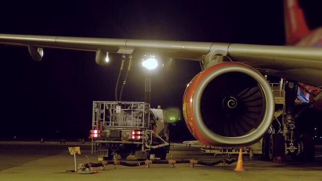 Refueling aircraft aviation kerosene fuel. Airplane suitcases luggage baggage handling conveyor worker man at airport terminal airline. Technician at maintenance loading ground crew aircraft