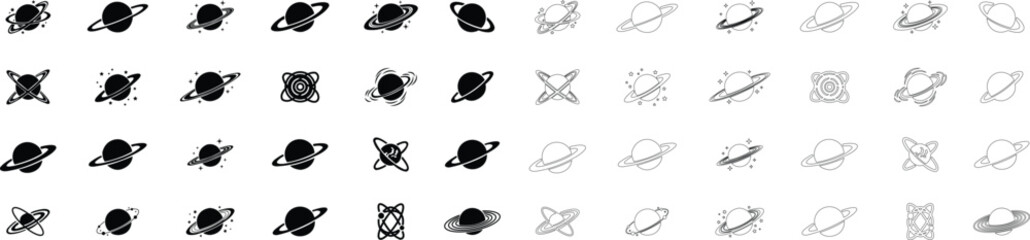Saturn planet, ringed world and galaxy icon set collection group in flat and line style vector, space, cosmic, astronomy, orbit, universe symbols bundle © AbdulJabbar