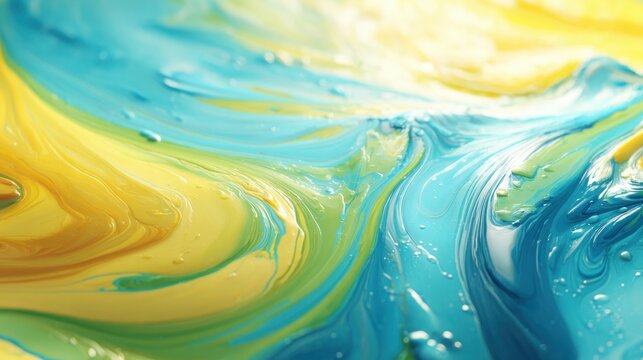 Swirling patterns of vibrant blue, yellow, and green algae blooms in dynamic aquatic environment
