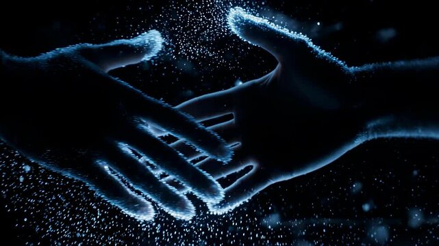A close-up of a handshake made of light particles dissolving into digital fragments