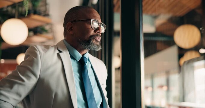 Professional, owner and thinking at cafe window for expansion vision, venture insight or growth. Proprietor, mature black man and decision for franchise idea, restaurant improvement or small business