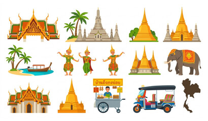 Naklejka premium Thailand famous temples and travel landmarks vector illustration set